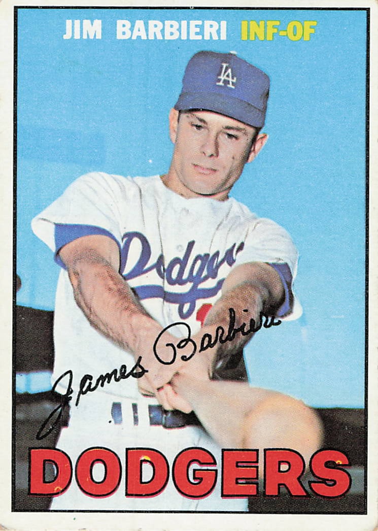 1967 Topps Jim Barbieri Los Angeles Dodgers Baseball Card: This is a 1967 Topps baseball card, card number 450, featuring Jim Barbieri of the Los Angeles Dodgers. The card shows Barbieri in a batting pose and is identified as an INF-OF (infielder-outfielder).