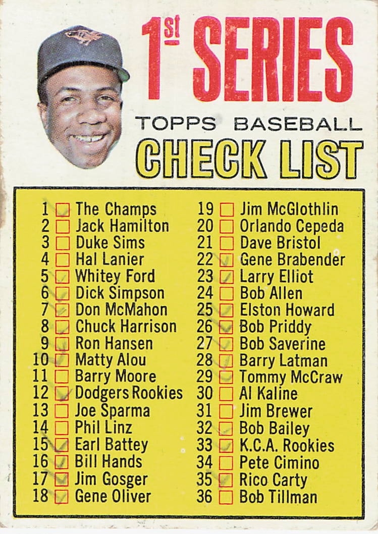 1967 Topps Baseball 1st Series Checklist Card #1: This is a 1967 Topps Baseball '1st Series' Checklist card, numbered 1. The card features a portrait of a player wearing a San Francisco Giants cap in the upper left corner and lists players 1 through