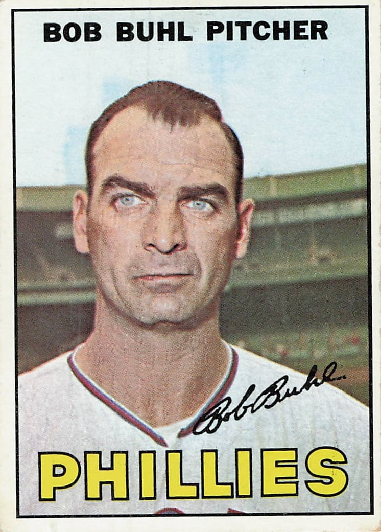 1967 Topps Bob Buhl Philadelphia Phillies Baseball Card: This is a 1967 Topps baseball card, card number 235, featuring pitcher Bob Buhl of the Philadelphia Phillies. The card features a portrait shot of Buhl with his team name at the top and his name and