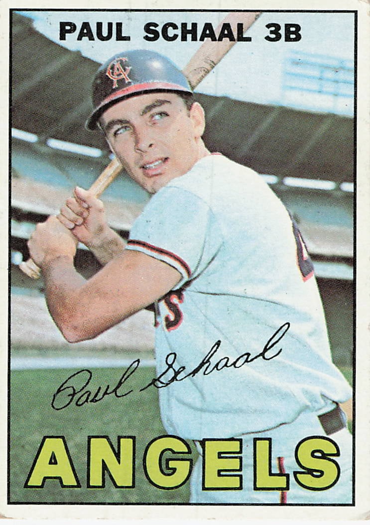 1967 Topps Paul Schaal California Angels Baseball Card: This is a 1967 Topps baseball card, card number 234, featuring third baseman Paul Schaal of the California Angels. The card captures a portrait shot of Schaal in his batting stance, wearing his Angels