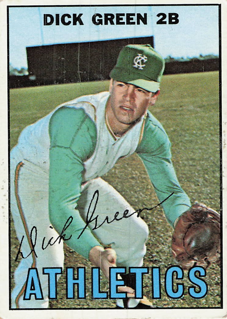 1967 Topps Dick Green Baseball Card: This is a 1967 Topps baseball card featuring Dick Green, who played second base for the Kansas City Athletics. The card displays a portrait-style action shot of Green in his team uniform and includes 