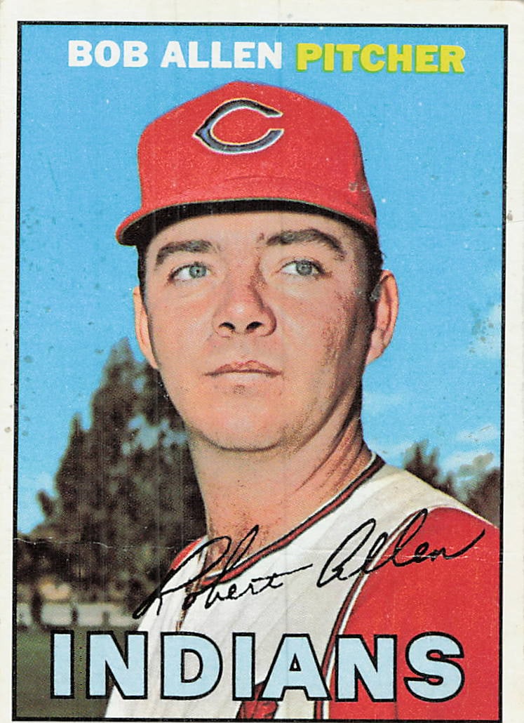 1967 Topps Bob Allen Cleveland Indians Baseball Card: This is a 1967 Topps baseball card featuring pitcher Bob Allen of the Cleveland Indians. The card showcases a close-up portrait of the player, with his facsimile signature across the chest and the