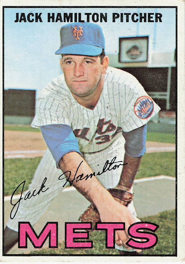 1967 Topps Jack Hamilton New York Mets Baseball Card: This is a 1967 Topps baseball card, card number 358, featuring pitcher Jack Hamilton of the New York Mets. The card displays a portrait-style action shot of Hamilton wearing his Mets home pinstripe
