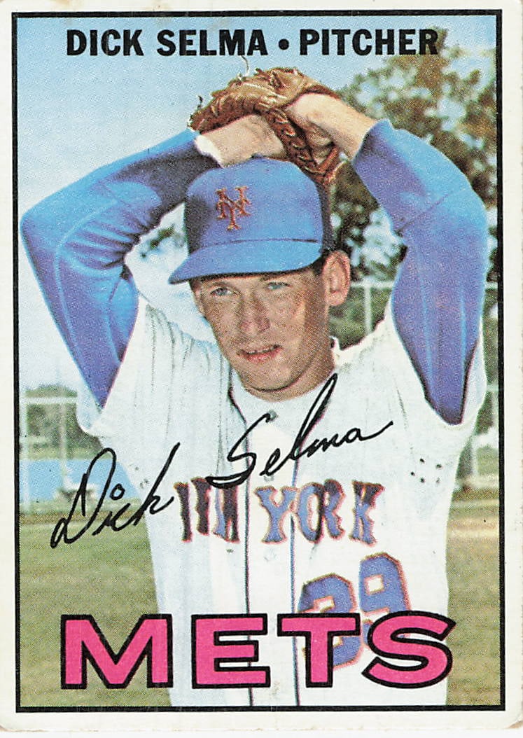 1967 Topps Dick Selma New York Mets Baseball Card: This is a 1967 Topps baseball card featuring New York Mets pitcher Dick Selma, card number 286. The card showcases a classic portrait-style image of Selma in his Mets uniform with his hands raised