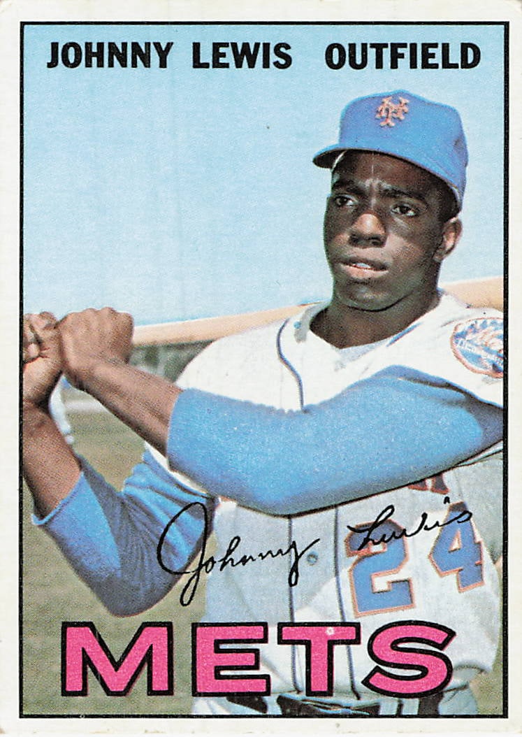 1967 Topps Johnny Lewis New York Mets Baseball Card #311: This is a 1967 Topps baseball card featuring New York Mets outfielder Johnny Lewis, identified as card number 311 in the set. The card displays a vibrant, close-up portrait of Lewis in his Mets