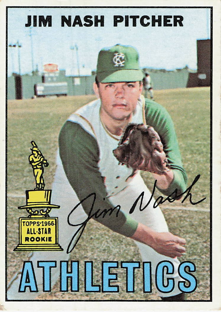 1967 Topps Jim Nash Kansas City Athletics Baseball Card: This is a 1967 Topps baseball card featuring Kansas City Athletics pitcher Jim Nash. The card is card number 309 in the set and prominently displays the 'Topps 1966 All-Star Rookie' trophy emblem on