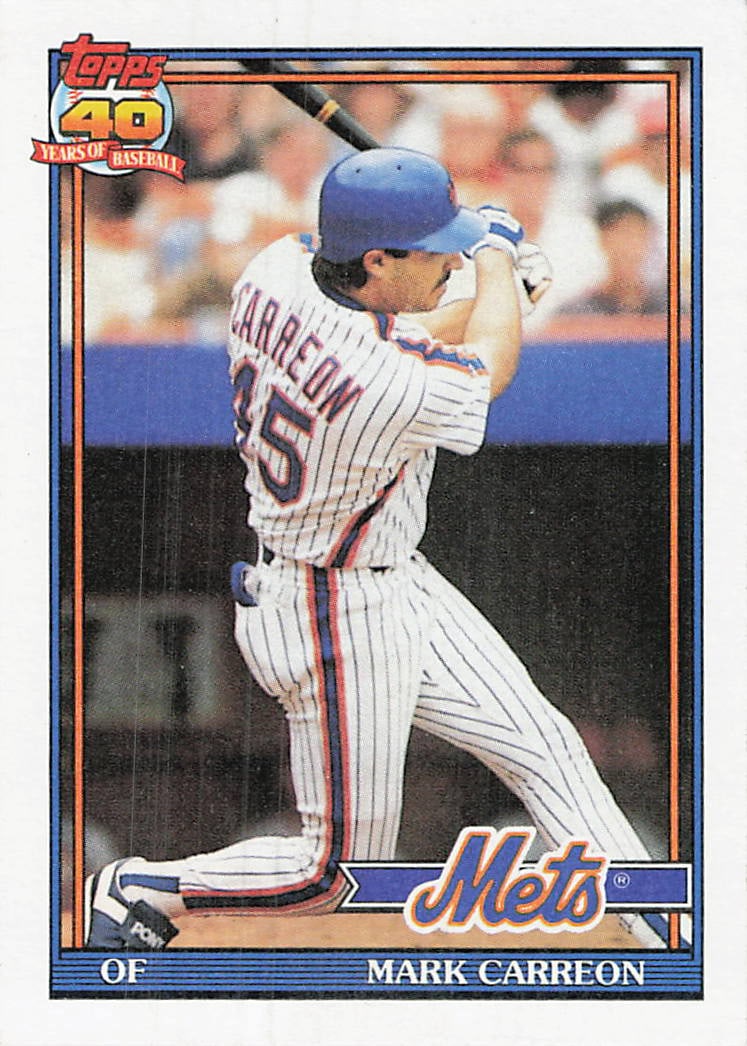 1991 Topps Mark Carreon New York Mets Baseball Card: This is a 1991 Topps baseball card featuring New York Mets outfielder Mark Carreon, card number 281. The card is part of the iconic '40 Years of Baseball' commemorative set, recognizable by the
