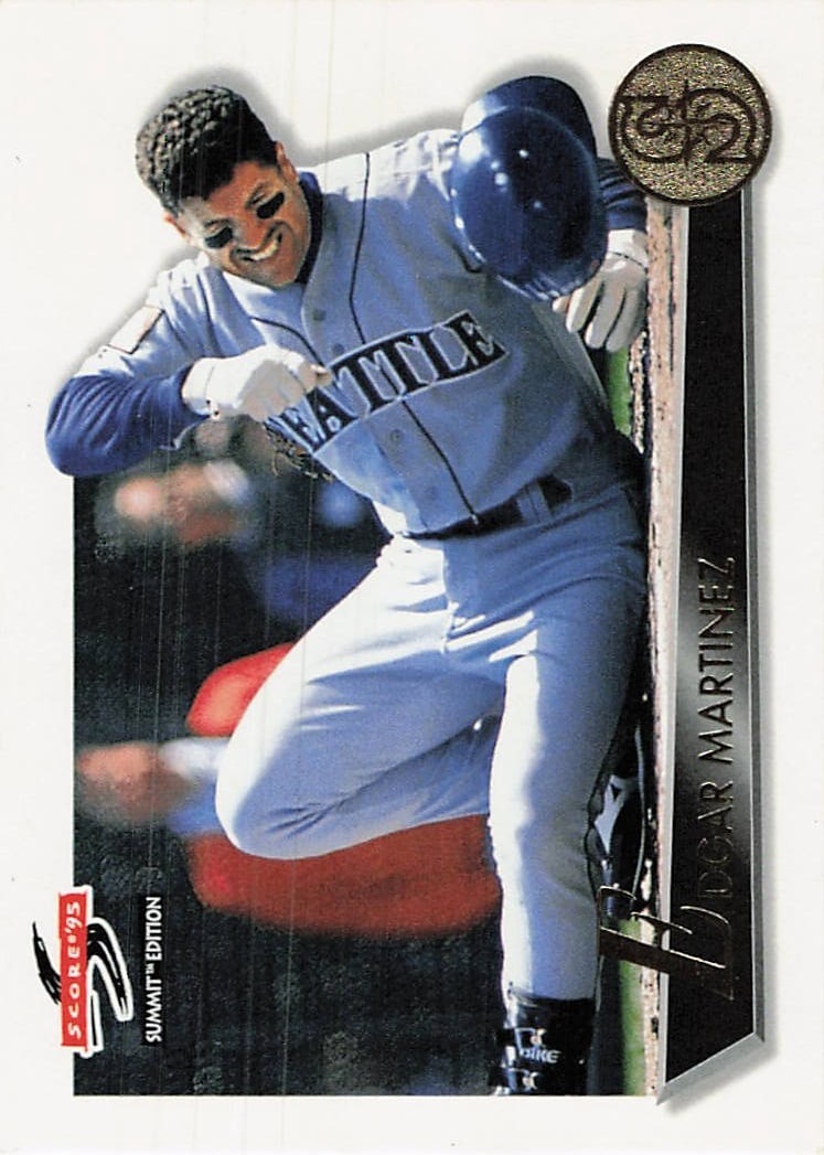 1995 Score Summit Edition Edgar Martinez Baseball Card: This is a 1995 Score Summit Edition baseball card featuring Hall of Famer Edgar Martinez of the Seattle Mariners. The card showcases a dynamic action photograph of Martinez sliding into base in his Ma