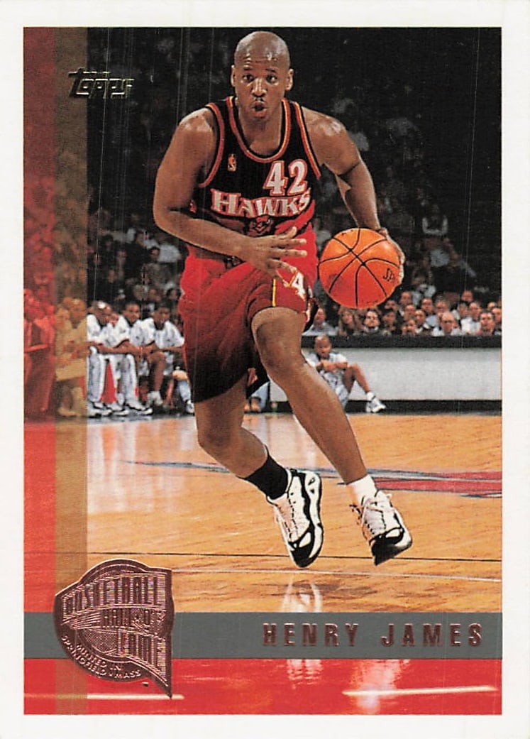 1996-97 Topps Henry James Atlanta Hawks Error Card: This is a 1996-97 Topps basketball card featuring Henry James of the Atlanta Hawks, card number 165. The card displays a unique design where the player image is printed upside down, a stylistic choice