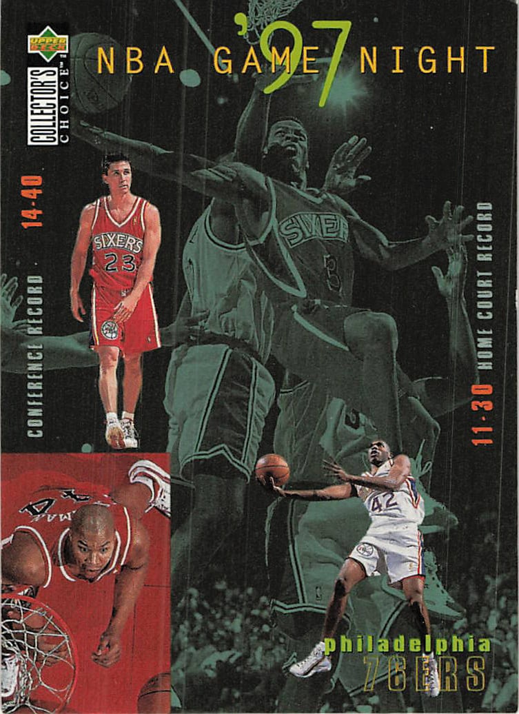 1996-97 Upper Deck Collector's Choice NBA Game Night 76ers: This is a 1996-97 Upper Deck Collector's Choice 'NBA Game Night' basketball card featuring the Philadelphia 76ers. The card showcases multiple team members, including Eric Montross, and highlights