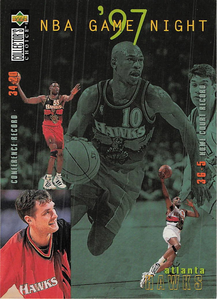 1996-97 Upper Deck Collector's Choice Atlanta Hawks NBA Card: This is a 1996-97 Upper Deck Collector's Choice '97 NBA Game Night basketball card featuring the Atlanta Hawks. The card design is a multi-image montage highlighting various team players and