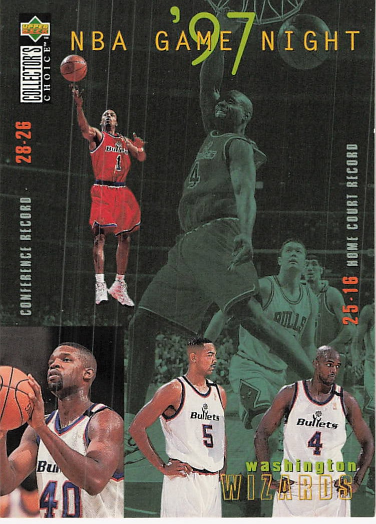 1997-98 Upper Deck Collector's Choice Washington Bullets Car: This is a 1997-98 Upper Deck Collector's Choice NBA Game Night trading card featuring the Washington Bullets/Wizards. The card displays a montage of team players including Chris Webber (number 4),