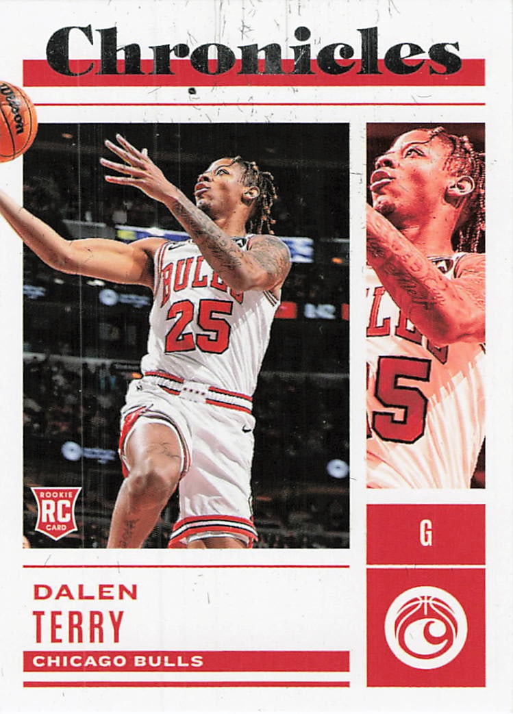 2022-23 Panini Chronicles Dalen Terry Rookie Card: This is a 2022-23 Panini Chronicles basketball rookie card featuring Dalen Terry of the Chicago Bulls. The card showcases a dynamic action shot of Terry in his Bulls jersey, complete with a 'Rookie