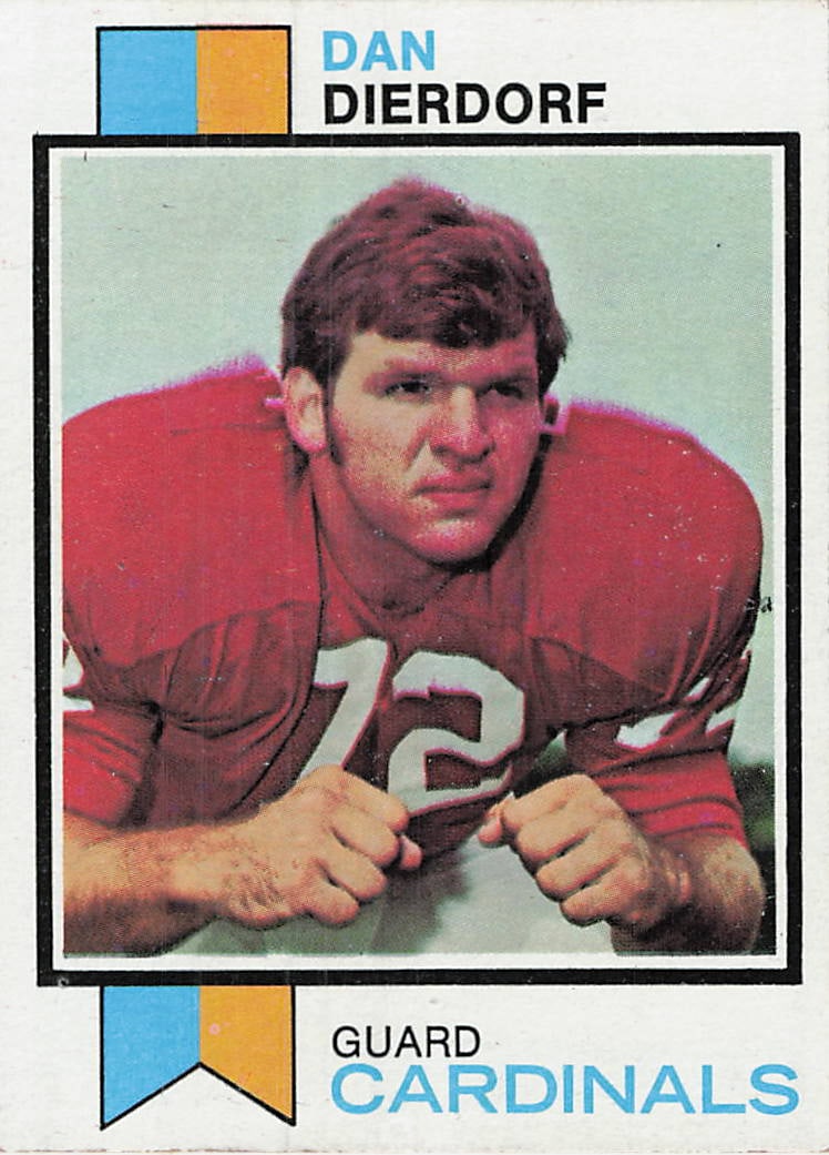 1973 Topps Dan Dierdorf St. Louis Cardinals Football Card: This is a 1973 Topps football card featuring Pro Football Hall of Fame offensive lineman Dan Dierdorf of the St. Louis Cardinals, card number 235. The card displays a focused portrait of Dierdorf in