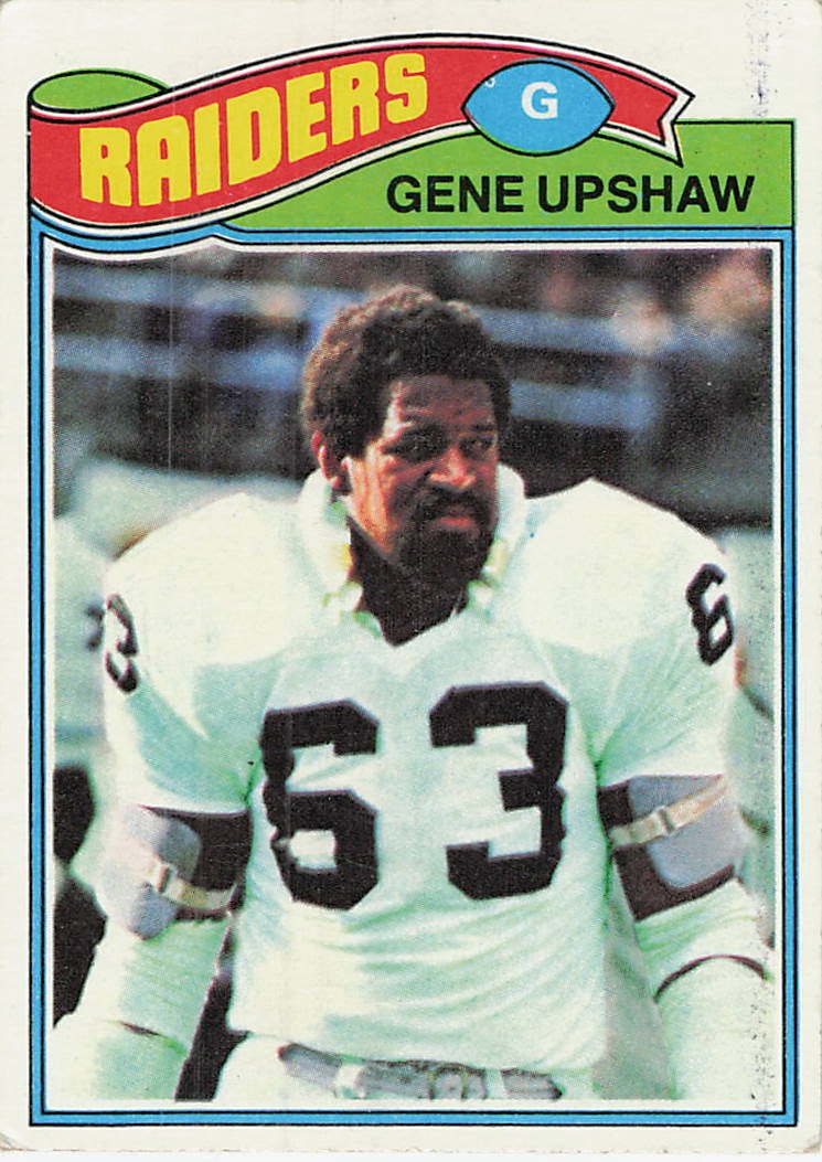 1977 Topps Gene Upshaw Oakland Raiders Football Card: This is a 1977 Topps Football card featuring Hall of Fame offensive lineman Gene Upshaw of the Oakland Raiders, identified as card number 350. The card showcases Upshaw in his white Raiders uniform