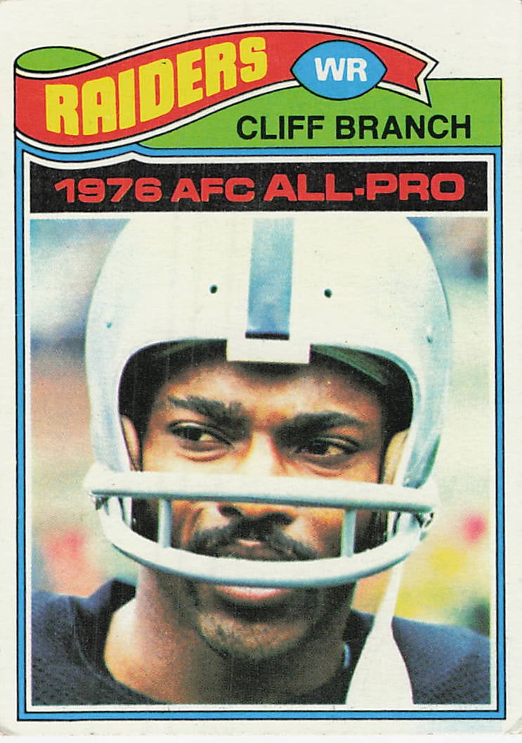 1977 Topps Cliff Branch Oakland Raiders Football Card: This is a 1977 Topps football card featuring legendary Oakland Raiders wide receiver Cliff Branch. The card commemorates his achievement as a 1976 AFC All-Pro, highlighted by bold red text on the