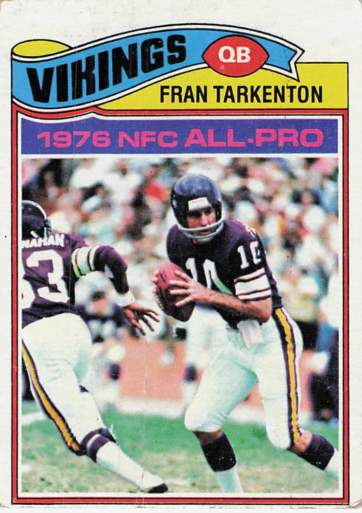 1977 Topps Fran Tarkenton Minnesota Vikings Card: This is a 1977 Topps football card, number 130, featuring Hall of Fame quarterback Fran Tarkenton of the Minnesota Vikings. The card highlights his achievement as a 1976 NFC All-Pro. The image shows