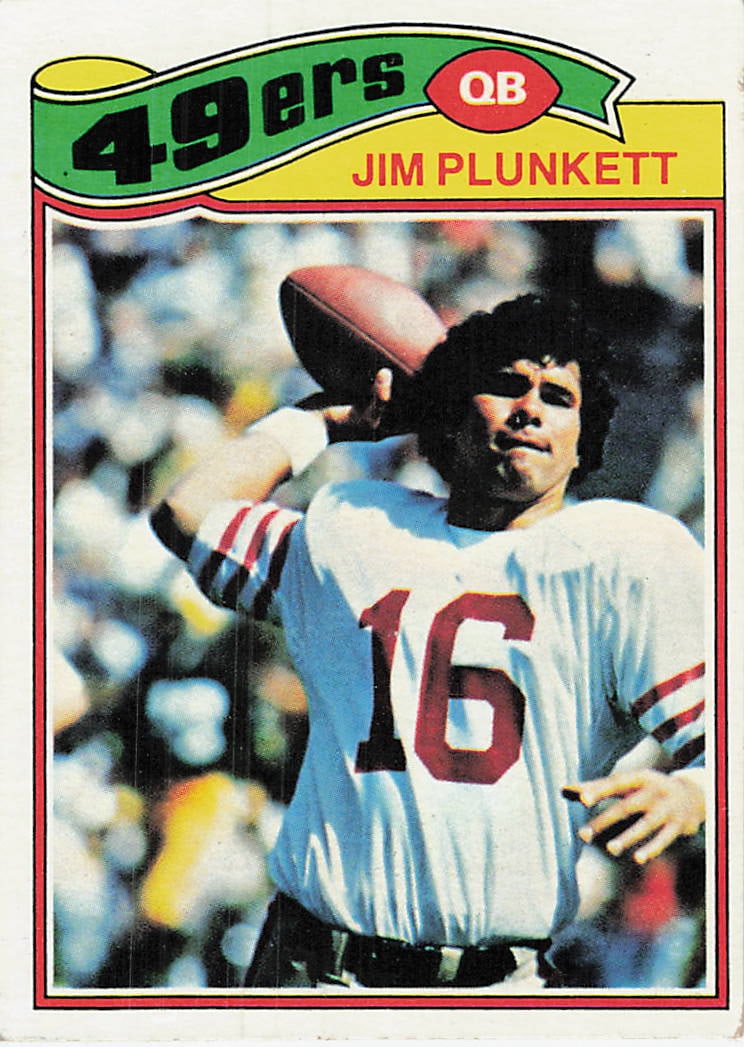 1977 Topps Jim Plunkett San Francisco 49ers Card: This is a 1977 Topps football card featuring Jim Plunkett, card number 280, playing quarterback for the San Francisco 49ers. The card displays a classic action shot of Plunkett in his white jersey