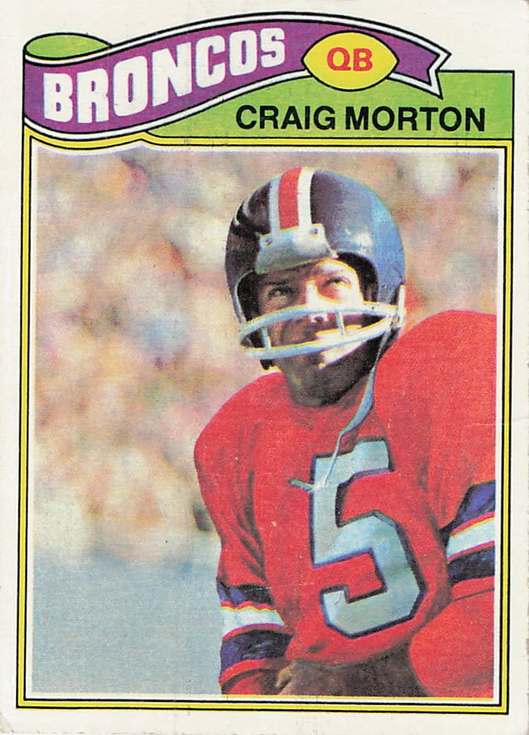 1977 Topps Craig Morton Denver Broncos Football Card: This is a 1977 Topps football card featuring Denver Broncos quarterback Craig Morton. The card is labeled as card number 380 in the 1978 Topps set. It features a head-and-shoulders portrait of Morton