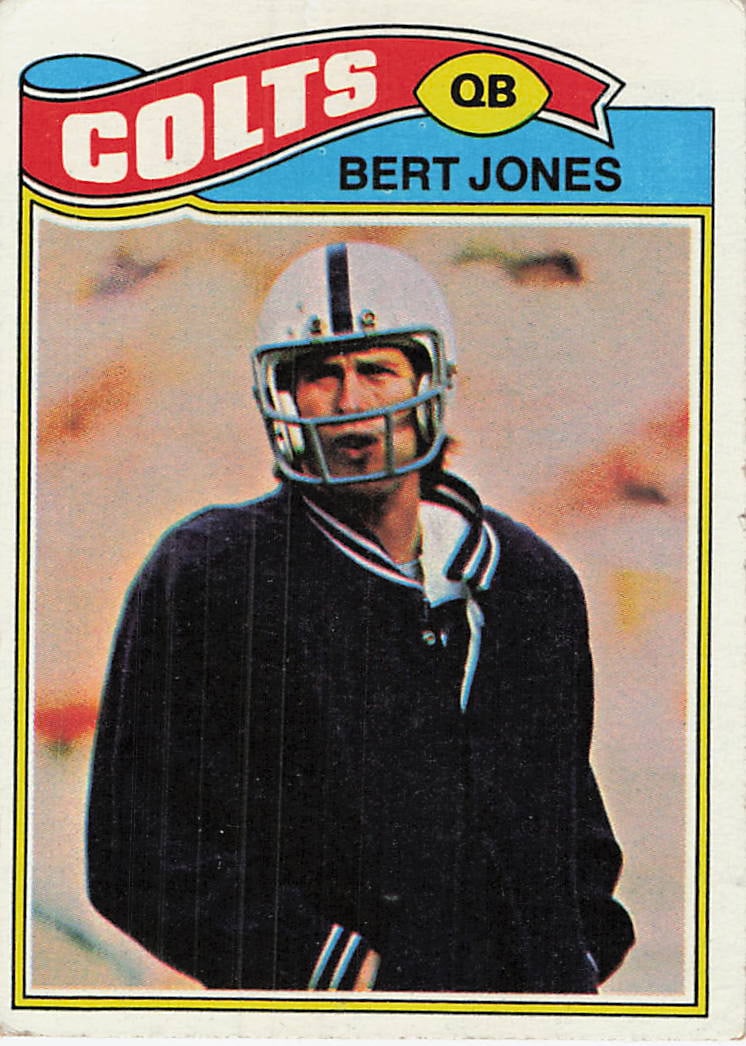 1977 Topps Bert Jones Baltimore Colts Football Card: This is a 1977 Topps football card featuring Baltimore Colts quarterback Bert Jones. As card number 380 in the set, this vintage trading card showcases Jones in his team-issued jacket and helmet. The