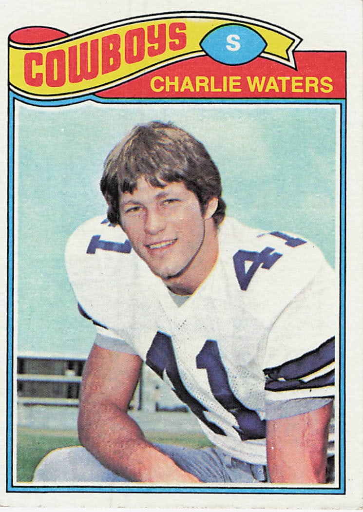 1977 Topps Charlie Waters Dallas Cowboys Football Card: This is a 1977 Topps football card featuring Charlie Waters of the Dallas Cowboys, card number 425. The card displays a portrait of Waters in his team uniform with the iconic 1976 Topps design, which