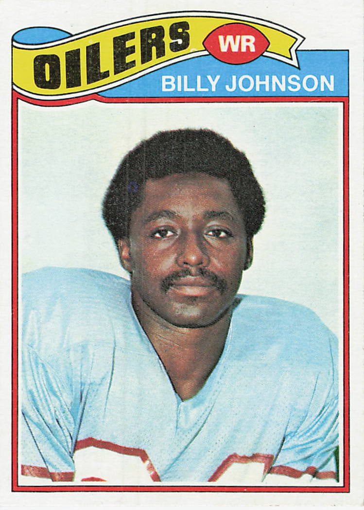 1977 Topps Billy White Shoes Johnson Houston Oilers Card: This is a 1977 Topps football card featuring Billy 'White Shoes' Johnson of the Houston Oilers. The card highlights Johnson, a standout wide receiver known for his iconic touchdown celebrations,