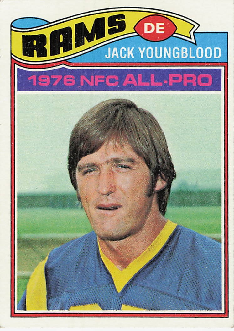1977 Topps Jack Youngblood LA Rams Football Card: This is a 1977 Topps NFL football card featuring Hall of Fame defensive end Jack Youngblood of the Los Angeles Rams. The card specifically highlights his selection as a 1976 NFC All-Pro, a notable