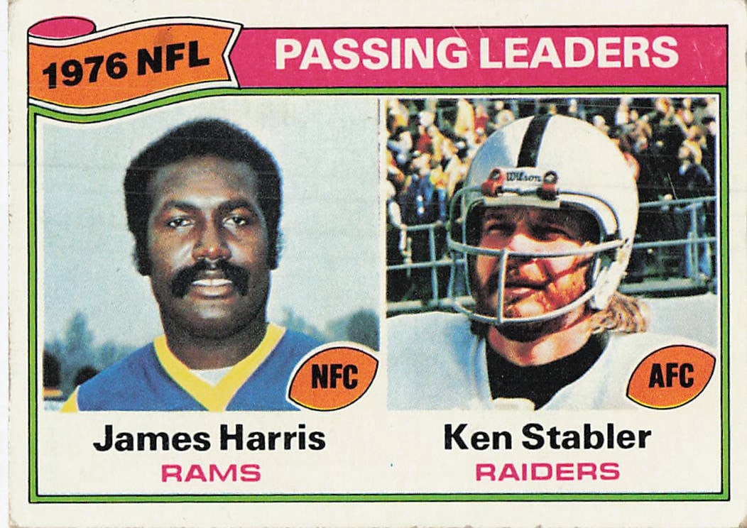 1976 Topps Football Passing Leaders James Harris Ken Stabler: This is a 1976 Topps Football "Passing Leaders" card, card number 344, featuring NFL legends James Harris of the Los Angeles Rams and Ken Stabler of the Oakland Raiders. The card design highlights