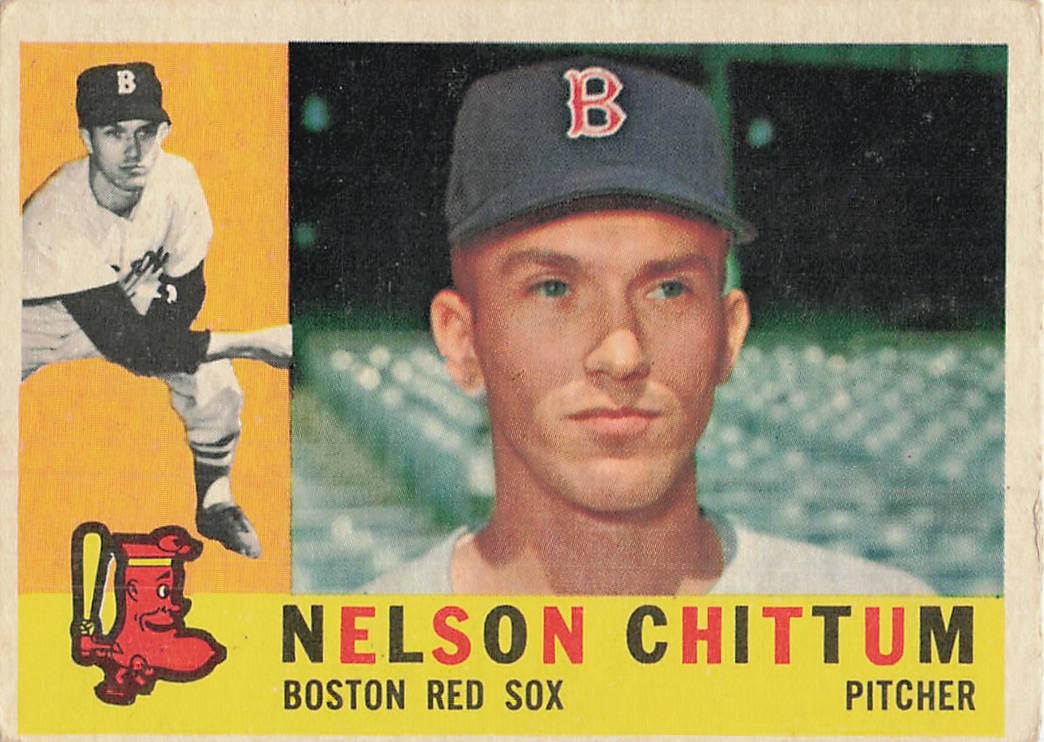 1960 Topps Nelson Chittum Boston Red Sox Baseball Card: This is a 1960 Topps baseball card, number 563, featuring pitcher Nelson Chittum of the Boston Red Sox. The card showcases the classic 1960 Topps design, which incorporates both a portrait and an acti