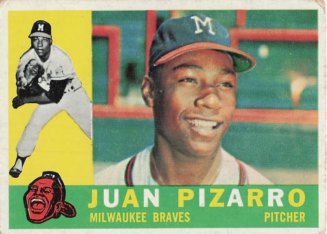 1960 Topps Juan Pizarro Milwaukee Braves Card #465: This is a 1960 Topps baseball card, number 465, featuring Juan Pizarro of the Milwaukee Braves. The card displays a vibrant design with a large portrait of the pitcher alongside a smaller inset