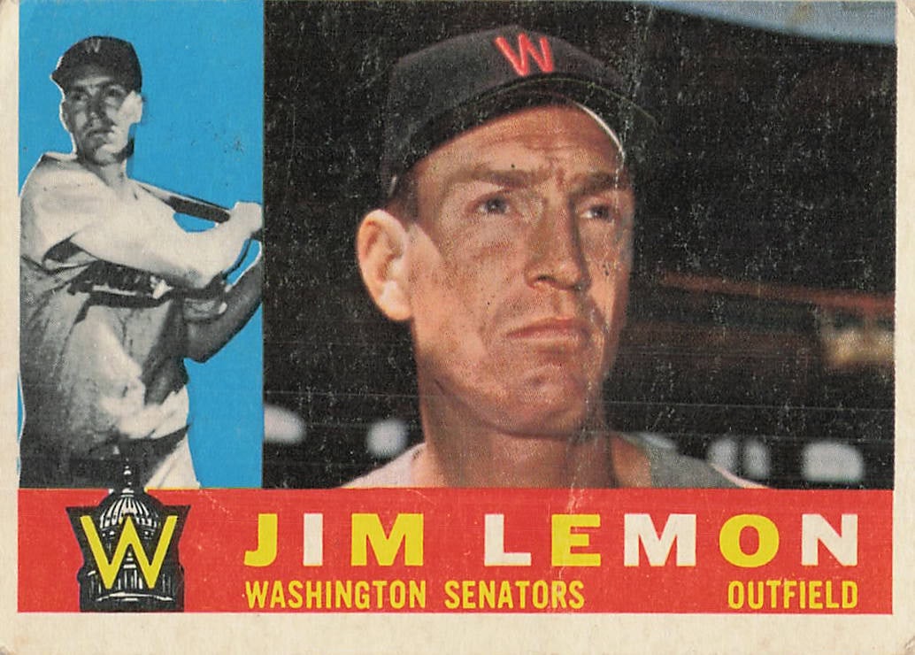 1960 Topps Jim Lemon Baseball Card #306: This is a 1960 Topps baseball card featuring Jim Lemon, an outfielder for the Washington Senators. The card, numbered 306 in the set, showcases a unique dual-image design with a headshot of Lemon and