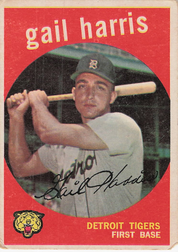 1961 Topps Gail Harris Detroit Tigers Baseball Card: This is a 1961 Topps baseball card featuring Detroit Tigers first baseman Gail Harris, card number 286 in the set. The vintage card showcases a classic portrait of Harris holding a bat inside a