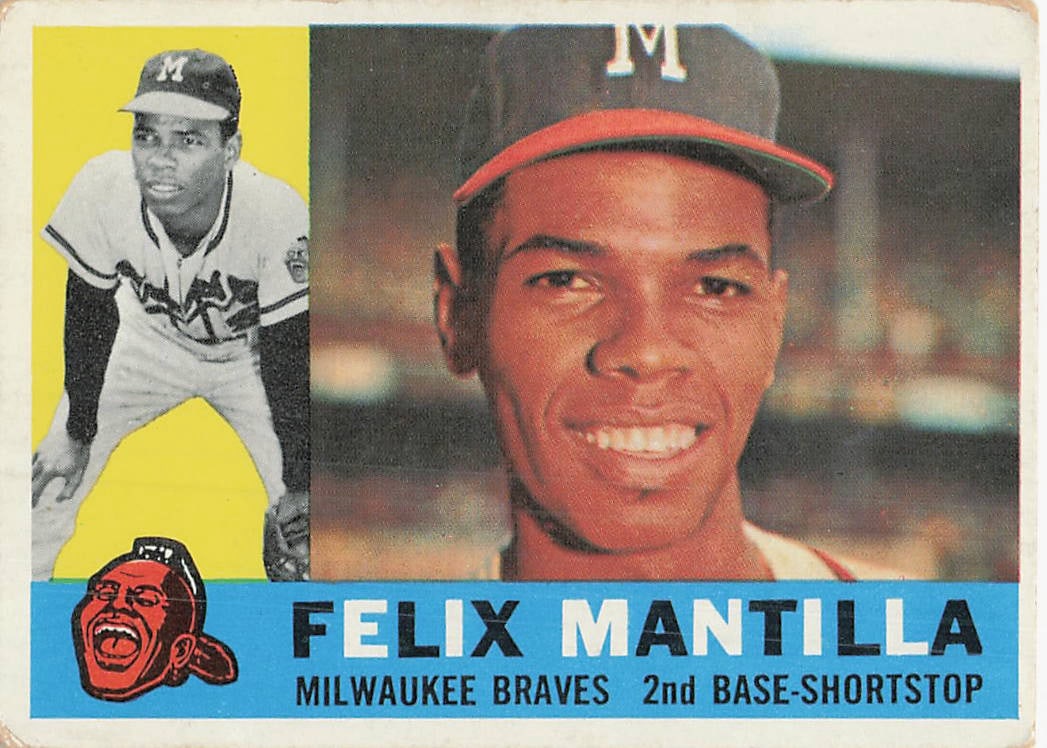 1964 Topps Felix Mantilla Milwaukee Braves Baseball Card: This is a 1964 Topps baseball card featuring Felix Mantilla of the Milwaukee Braves. The card displays a dual-image design with both a portrait and a fielding action shot, identifying him as a 2nd