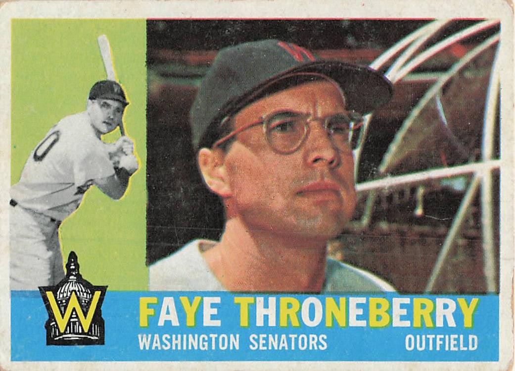 1963 Topps Faye Throneberry Washington Senators Baseball Car: This is a 1963 Topps baseball card, card number 234, featuring Faye Throneberry of the Washington Senators. The card displays a unique design with a portrait close-up on the bottom and an action inset