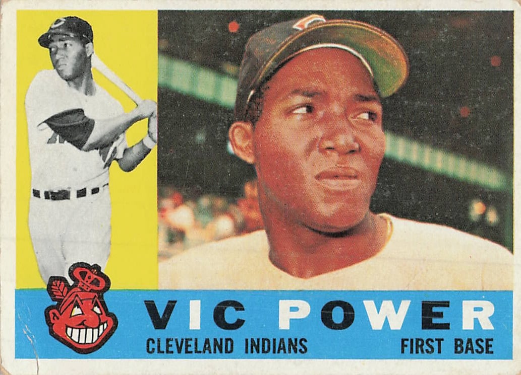 1959 Topps Vic Power Baseball Card: This is a 1959 Topps baseball card featuring Vic Power of the Cleveland Indians, card number 210. The card showcases a close-up portrait of Power alongside a smaller inset action shot of him at bat,