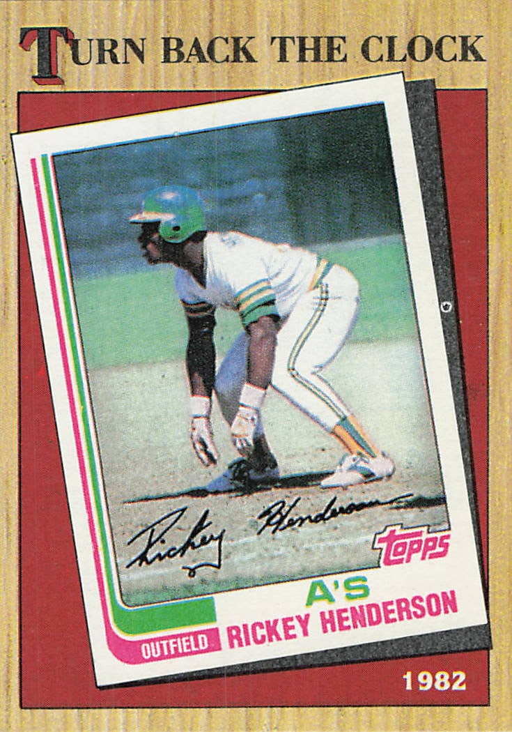 1987 Topps Rickey Henderson Turn Back the Clock Card: This is a 1987 Topps 'Turn Back the Clock' baseball card featuring Hall of Famer Rickey Henderson. The card, numbered 387 in the 1987 Topps set, highlights Henderson's 1982 season with the Oakland