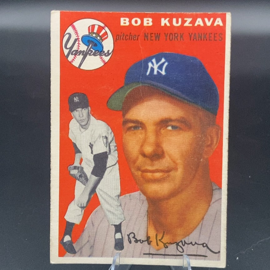 1954 Topps Bob Kuzava baseball trading card (#230): This is a 1954 Topps baseball card featuring New York Yankees pitcher Bob Kuzava. It showcases both a portrait and an action shot of Kuzava alongside the New York Yankees team logo. The card displays