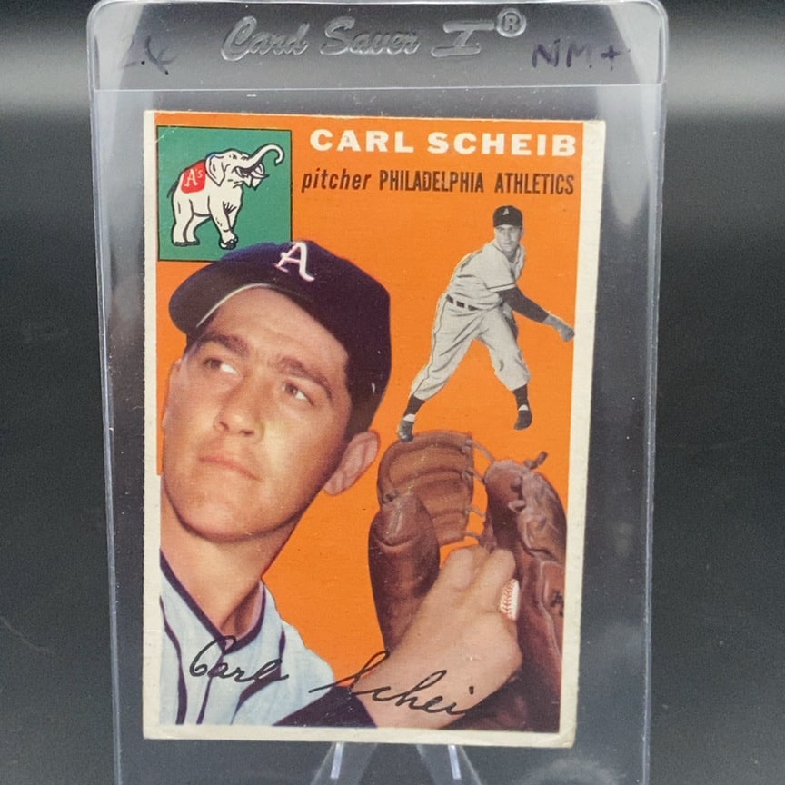 1954 Topps Carl Scheib (#118) baseball card: This is a 1954 Topps baseball card featuring Carl Scheib of the Philadelphia Athletics. The card features a portrait and action illustration of the pitcher with an orange background and a green