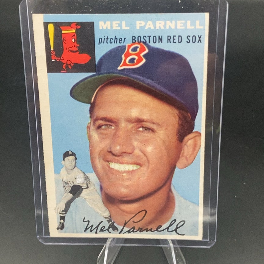 1954 Topps #40 baseball card featuring left-handed pitcher Mel Parnell: This is a 1954 Topps baseball card featuring Mel Parnell, a pitcher for the Boston Red Sox. The card includes a portrait of the player alongside a smaller action figure and a stylized cartoon mascot