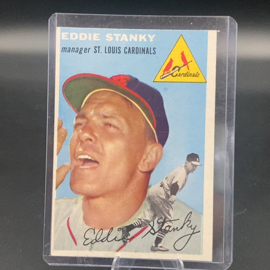 1954 Topps #38 vintage baseball card featuring Eddie Stanky: This is a 1954 Topps baseball card featuring Eddie Stanky, a former MLB second baseman and manager. The card features Stanky in his uniform with the classic 1954 Topps design and colorful illustrated