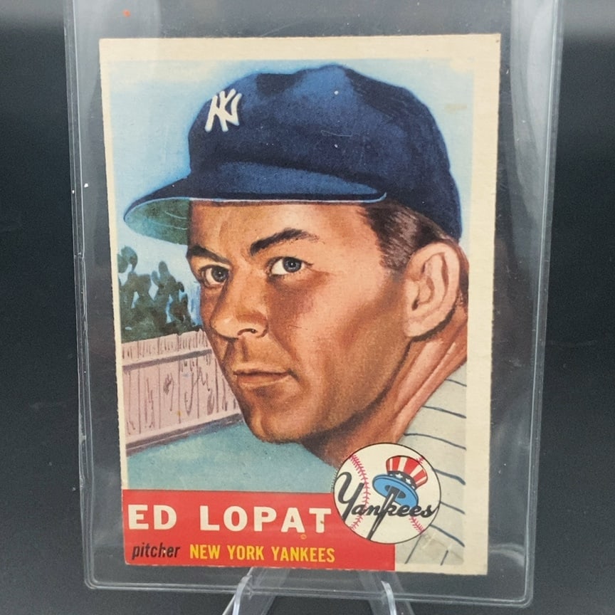 1953 Topps baseball card (Card #87) featuring New York Yankees pitcher Ed Lopat: This is a vintage trading card featuring pitcher Ed Lopat of the New York Yankees. The card displays a portrait of the player alongside the Yankees team logo. It is a classic example of early baseball