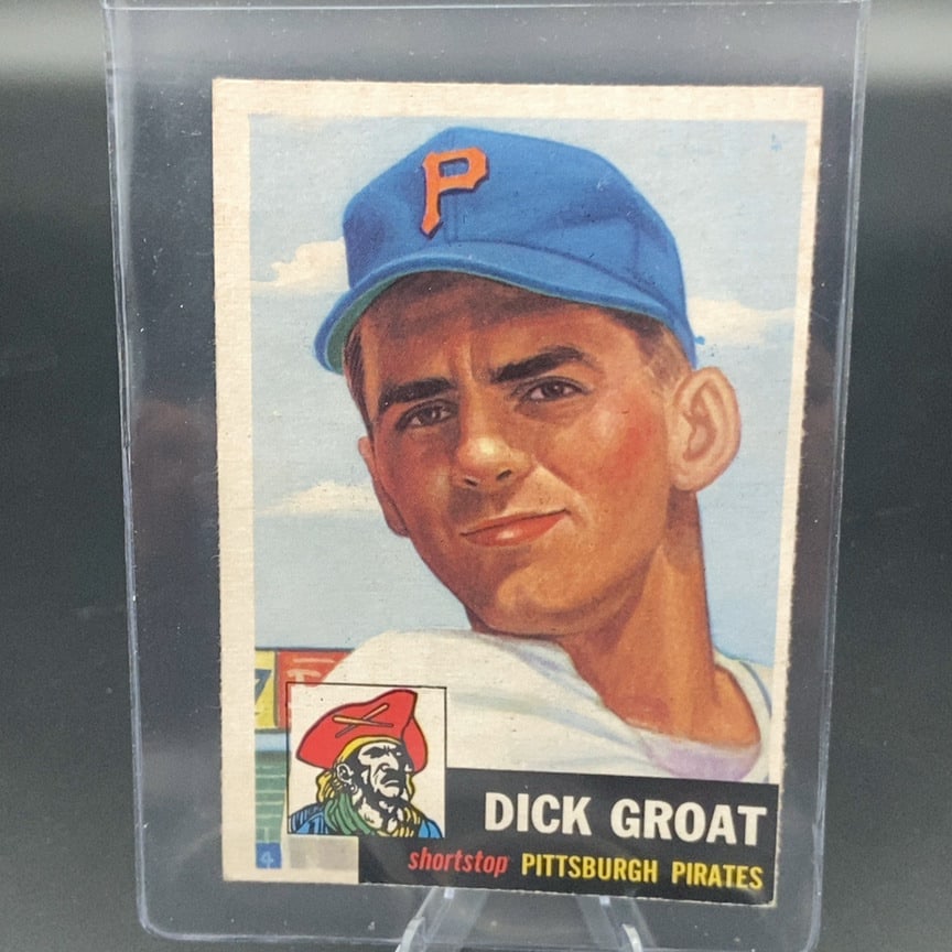 1953 Topps #154 Dick Groat baseball card: A vintage baseball card featuring Dick Groat of the Pittsburgh Pirates. The card shows a portrait of the player with his team logo and his position listed as shortstop.