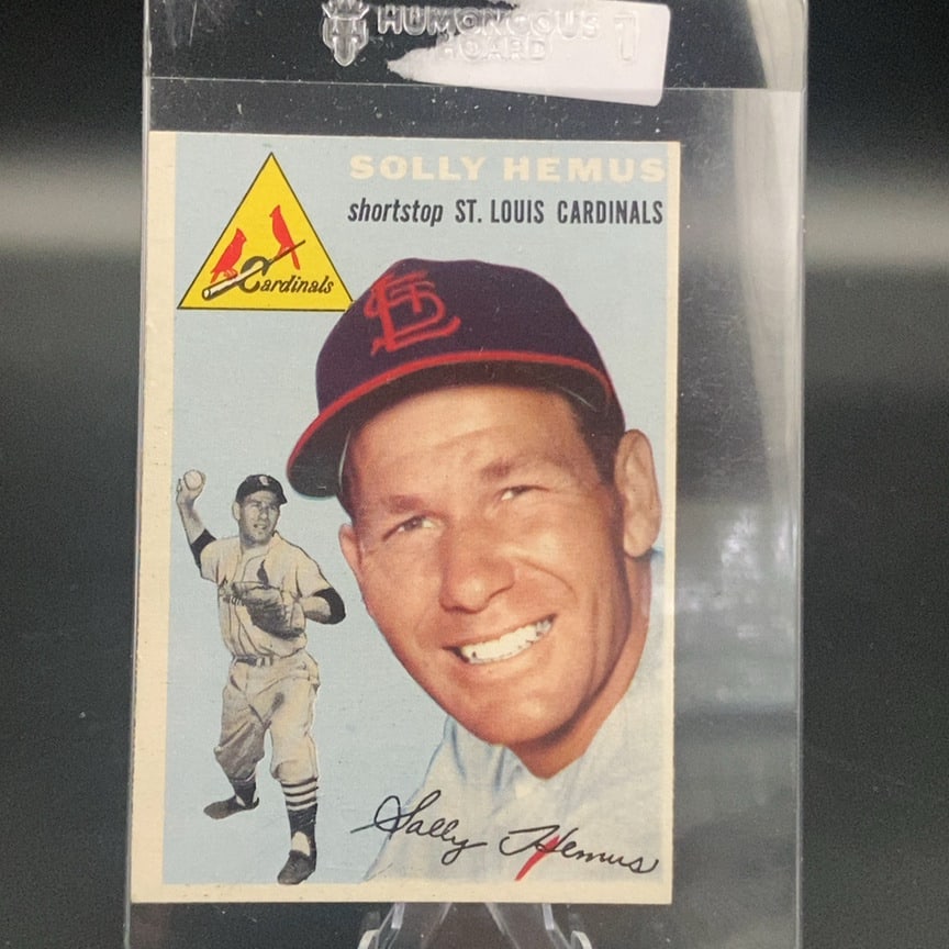 1954 Topps #117 vintage baseball card featuring shortstop Solly Hemus: This is a vintage trading card featuring Solly Hemus of the St. Louis Cardinals. The card features a portrait and an action shot of the shortstop, as well as the Cardinals logo.