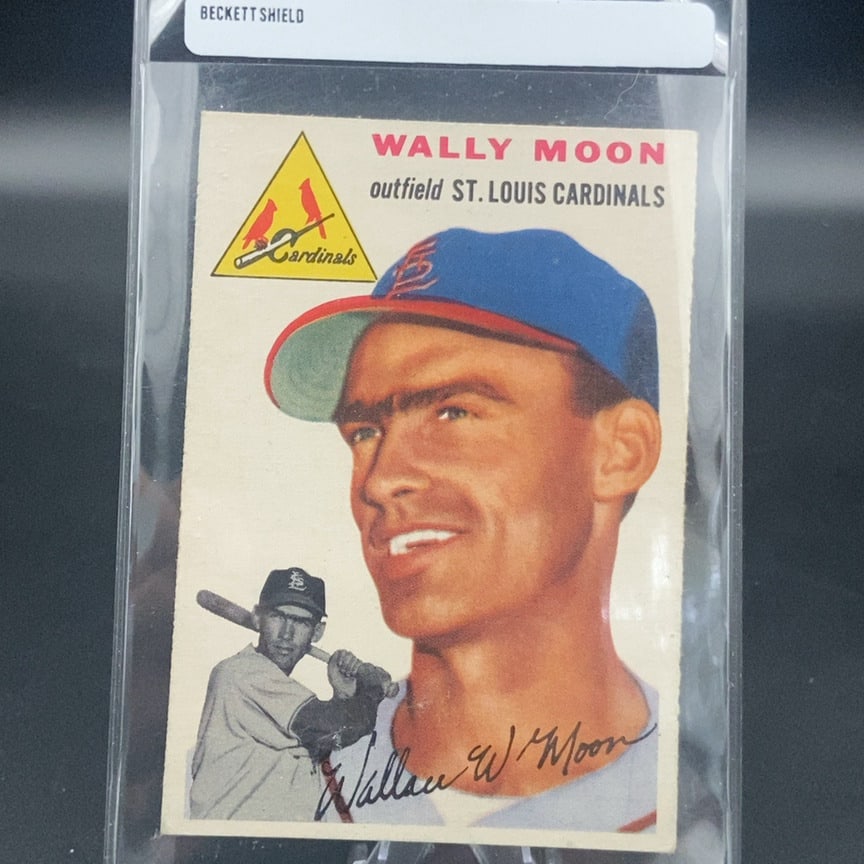 1954 Topps Wally Moon rookie baseball card: This is a vintage baseball card featuring Wally Moon of the St. Louis Cardinals. The card includes a portrait and a secondary action image of the player, along with his facsimile autograph at the