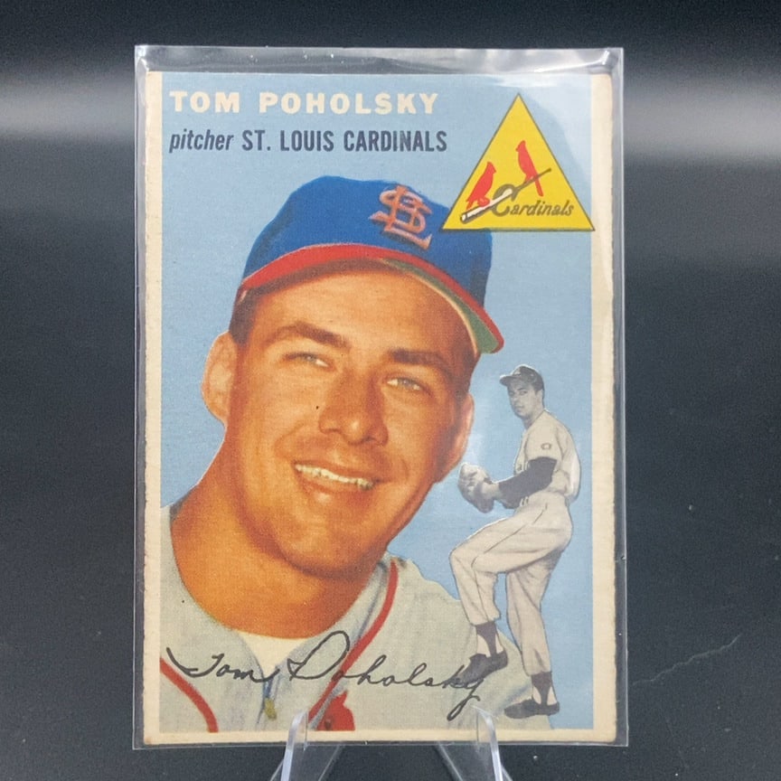 1954 Topps baseball trading card featuring St. Louis Cardinals pitcher Tom Poholsky: This is a 1954 Topps baseball card featuring St. Louis Cardinals pitcher Tom Poholsky. The card includes a close-up portrait and a secondary action shot of the player along with the team logo.