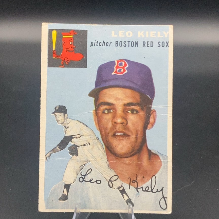 1954 Topps baseball card featuring Boston Red Sox pitcher Leo: This is a 1954 Topps baseball card featuring Leo Kiely of the Boston Red Sox. The card displays a portrait and a full-body action pose of the pitcher, along with his printed autograph on the front.