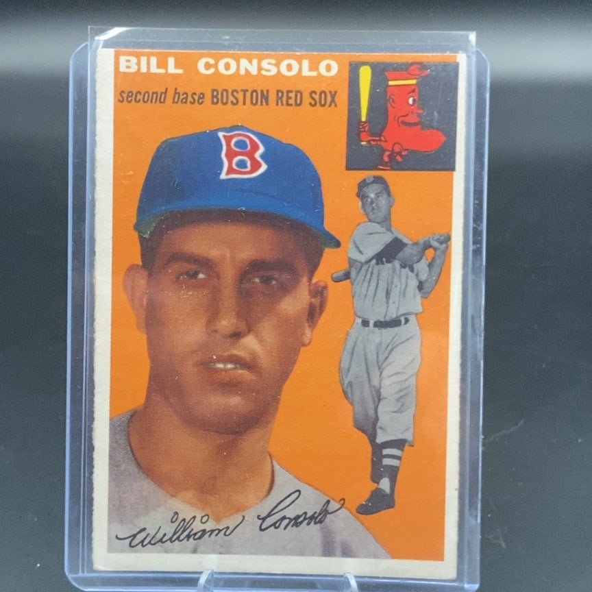 1954 Topps #195 Bill Consolo rookie baseball card: This is a 1954 Topps baseball card featuring Boston Red Sox second baseman Bill Consolo. The card displays a portrait of the player alongside a full-body action pose and a small caricature of the