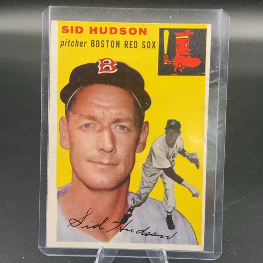 1954 Topps Sid Hudson #93 baseball card: This is a 1954 Topps baseball card featuring Sid Hudson, a former Major League Baseball pitcher. The card features Hudson in his baseball uniform with the classic 1954 Topps design and colorful