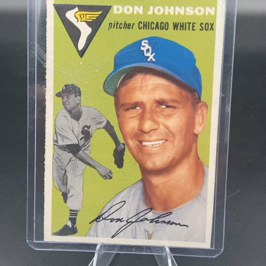 1954 Topps Baseball Card #146 Don Johnson: This is a vintage baseball trading card featuring Don Johnson, a pitcher for the Chicago White Sox. The card showcases a close-up portrait of the player along with a small action shot in the backgroun