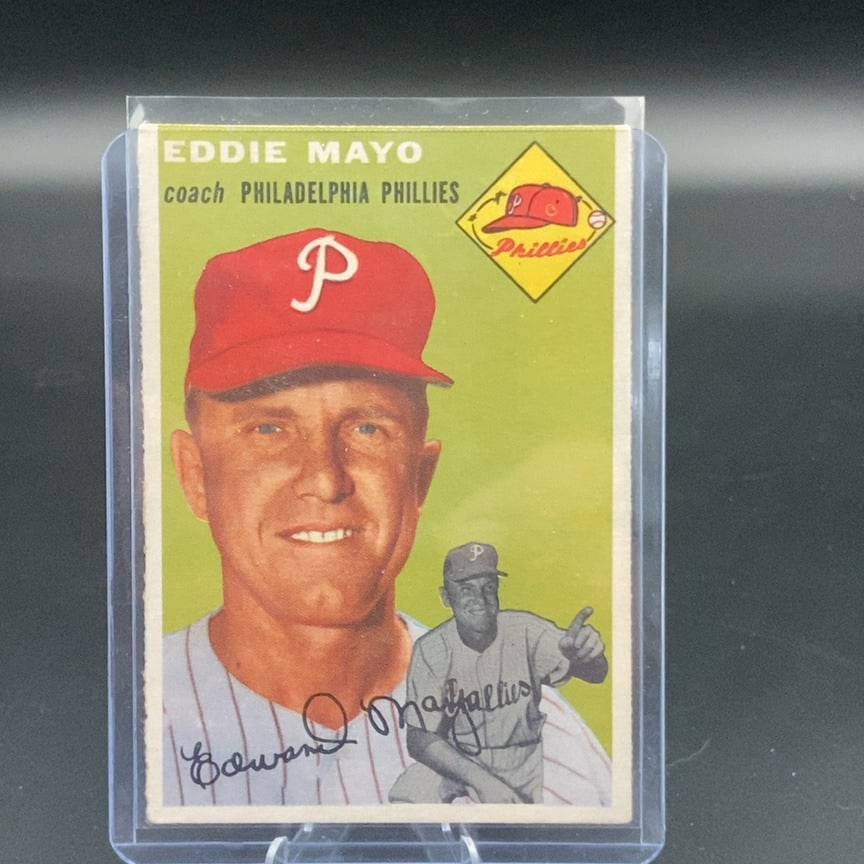 1954 Topps #247 baseball card featuring Philadelphia Phillies coach Eddie Mayo: This is a vintage baseball card featuring Eddie Mayo, listed as a coach for the Philadelphia Phillies. It displays a portrait and a secondary action image of the subject, including a printed